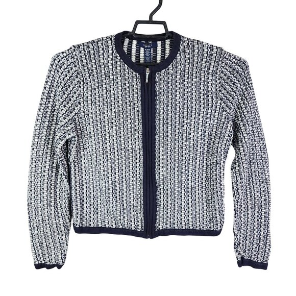 Womens Navy & White Chaps Textured Knit Sweater Jacket Full Zip Long Sleeve XL - Picture 1 of 7